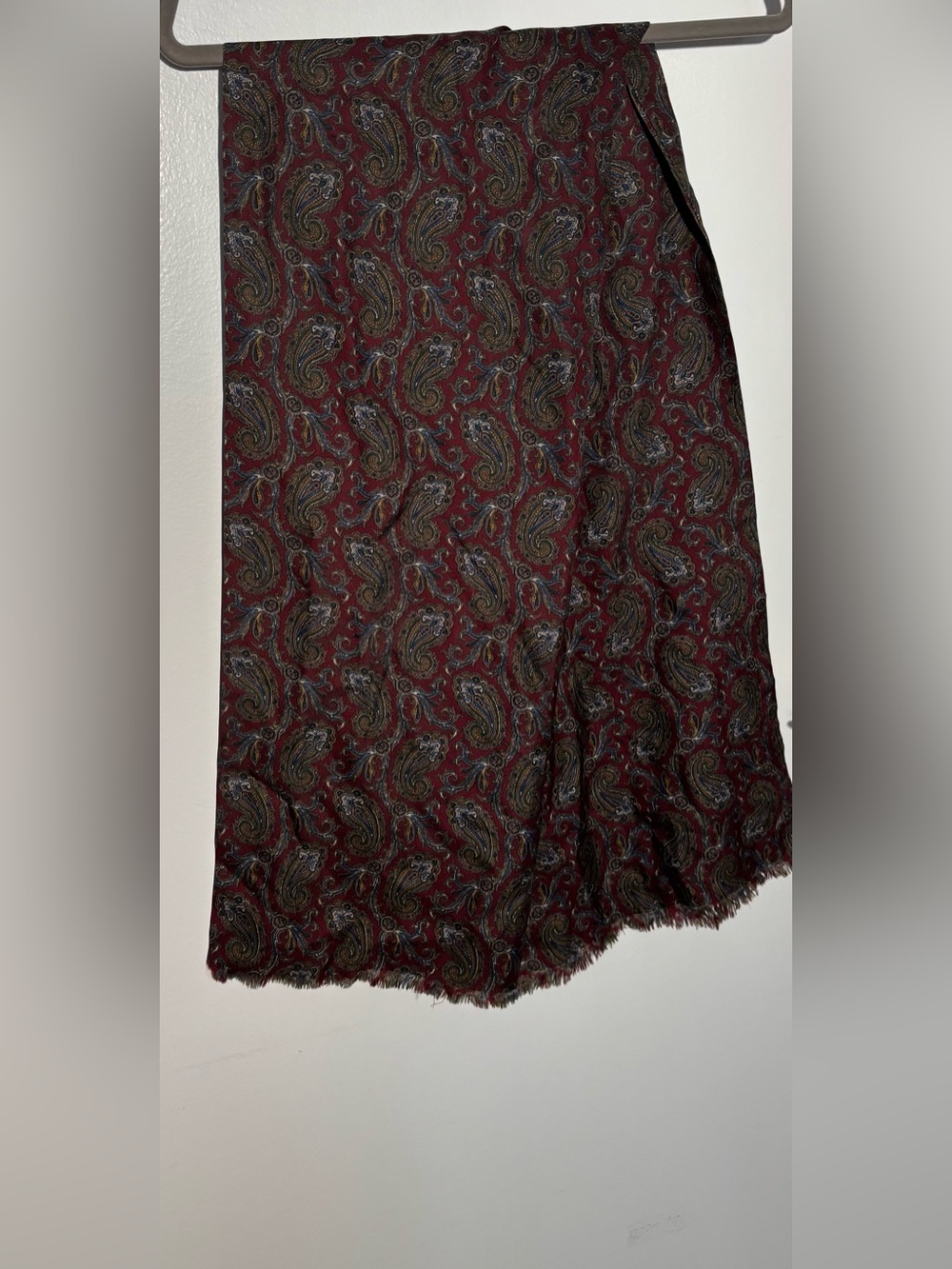 Paisley Silk twill Scarf in Burgundy with Blue, Green & Gold Accents.